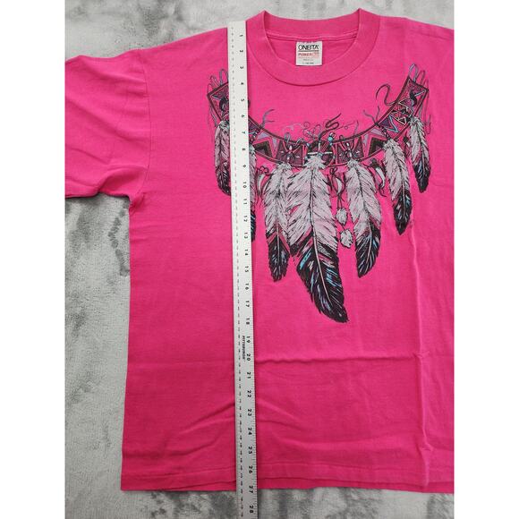 Vintage 90s ONEITA Glitter Feather Dream Catcher Graphic Tee Size L Pink Tribal - Picture 6 of 7